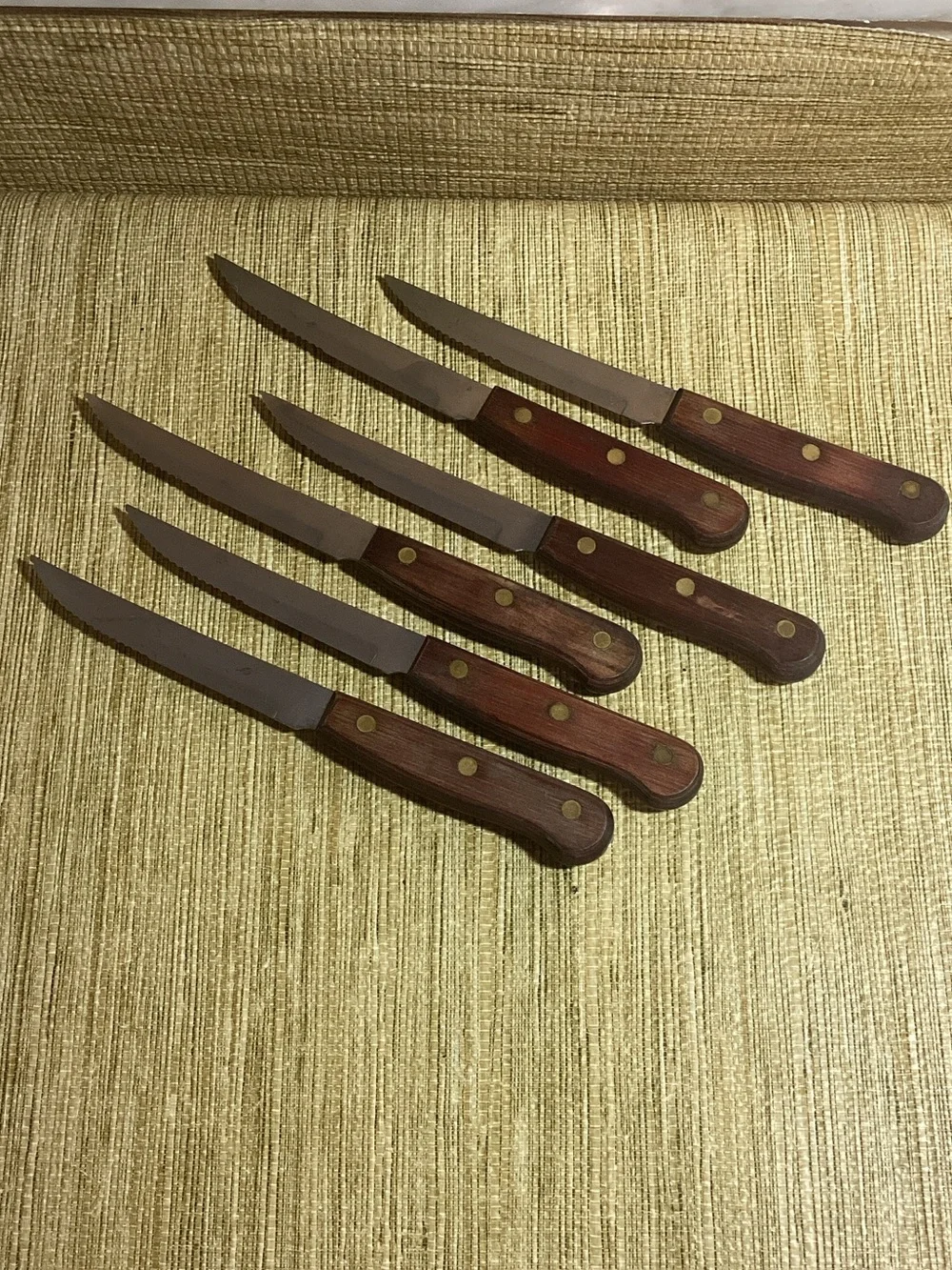 Vintage Serrated Brass & Wood Handle Steak Knife Set of 6